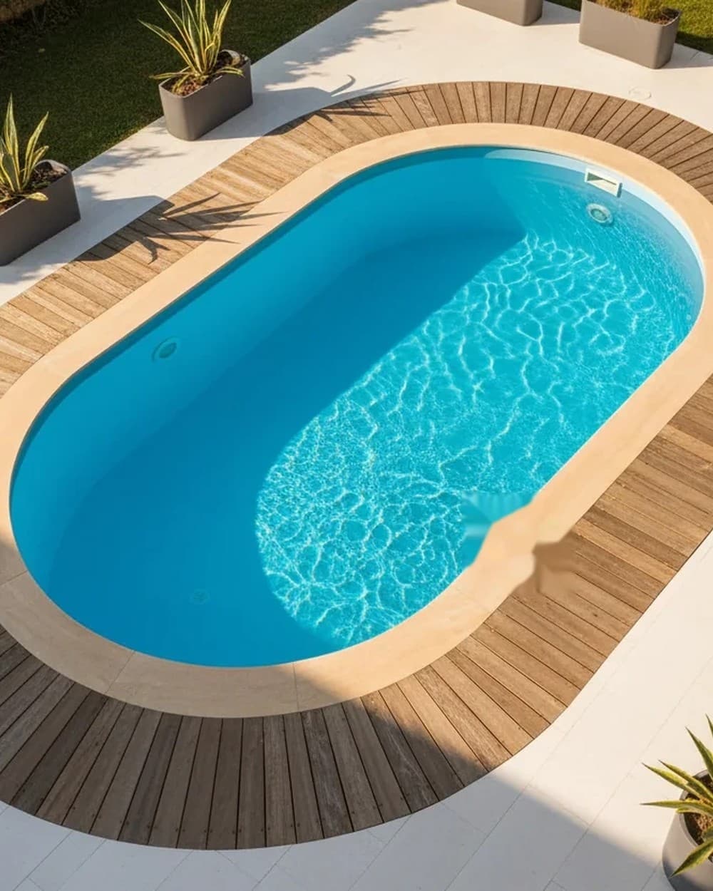 Maldiv oval prefabrik havuz, ahşap deckli bahçe
