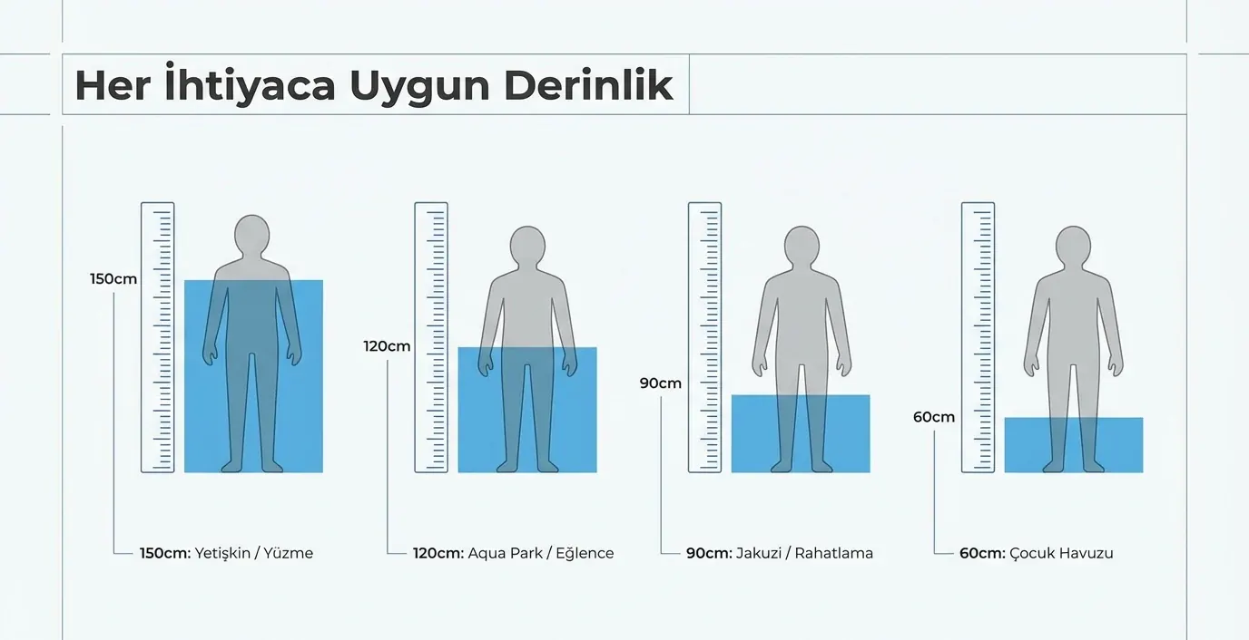 Havuz derinlik seçenekleri: 60, 120 ve 150 santimetre karşılaştırması